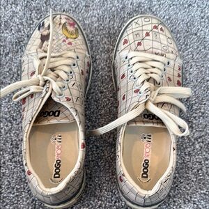 Cream and Red Casual Sneakers with Playful Design. One of a Kind!  Wearable Art